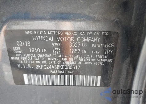 2019 Hyundai Accent Se из США, поврежденный, VIN 3KPC24A38KE080617